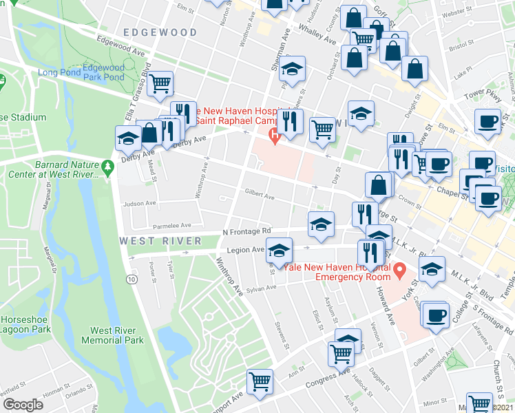 map of restaurants, bars, coffee shops, grocery stores, and more near 106 Gilbert Avenue in New Haven