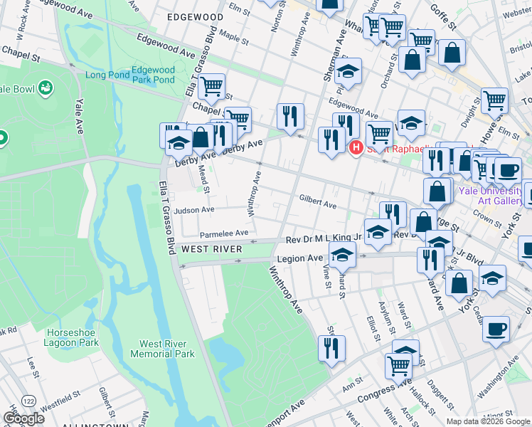 map of restaurants, bars, coffee shops, grocery stores, and more near 146 Gilbert Avenue in New Haven