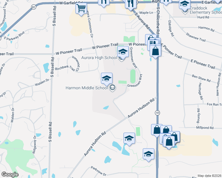 map of restaurants, bars, coffee shops, grocery stores, and more near 130 Aurora Hudson Road in Aurora