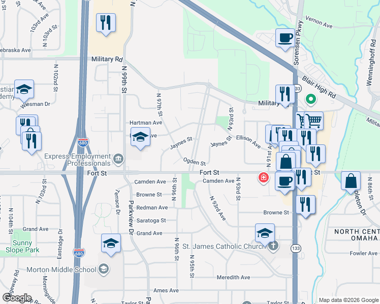 map of restaurants, bars, coffee shops, grocery stores, and more near 5430 North Oaks Boulevard in Omaha