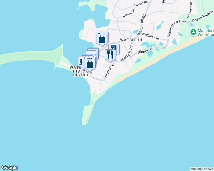 map of restaurants, bars, coffee shops, grocery stores, and more near 16 Bluff Avenue in Westerly