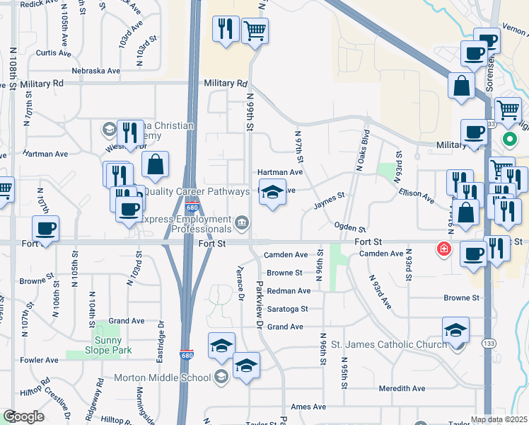 map of restaurants, bars, coffee shops, grocery stores, and more near 5505 North 99th Street in Omaha