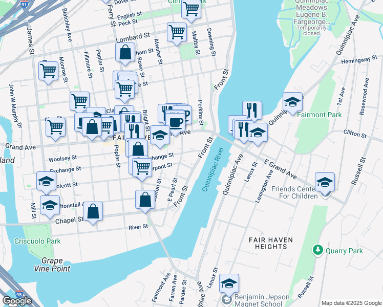 map of restaurants, bars, coffee shops, grocery stores, and more near 57 Exchange Street in New Haven