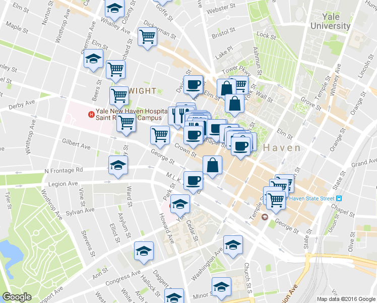 map of restaurants, bars, coffee shops, grocery stores, and more near 381 Crown St in New Haven