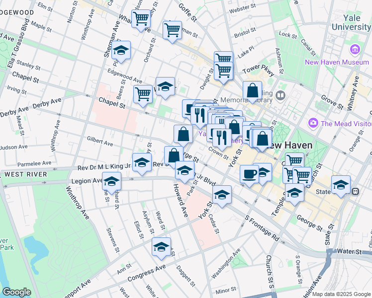 map of restaurants, bars, coffee shops, grocery stores, and more near 34 Howe Street in New Haven
