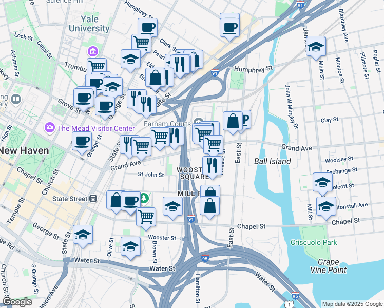 map of restaurants, bars, coffee shops, grocery stores, and more near 662 Grand Avenue in New Haven