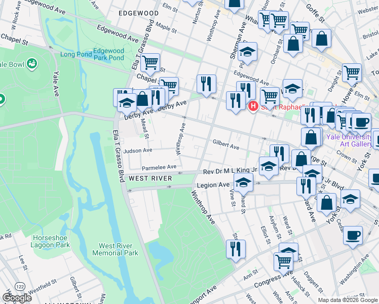 map of restaurants, bars, coffee shops, grocery stores, and more near 146 Gilbert Avenue in New Haven