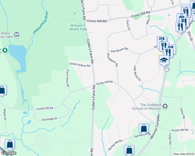map of restaurants, bars, coffee shops, grocery stores, and more near 190 Cutler's Farm Road in Monroe