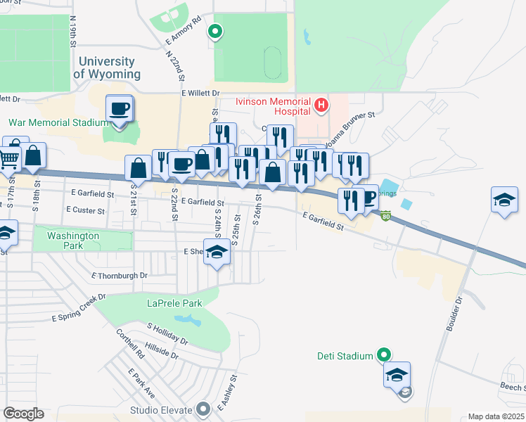 map of restaurants, bars, coffee shops, grocery stores, and more near 405 South 26th Street in Laramie