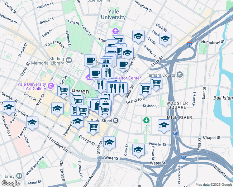 map of restaurants, bars, coffee shops, grocery stores, and more near 280 Orange Street in New Haven