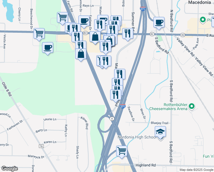 map of restaurants, bars, coffee shops, grocery stores, and more near 8100 Macedonia Commons Boulevard in Macedonia
