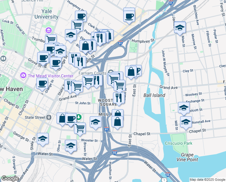 map of restaurants, bars, coffee shops, grocery stores, and more near 662 Grand Avenue in New Haven