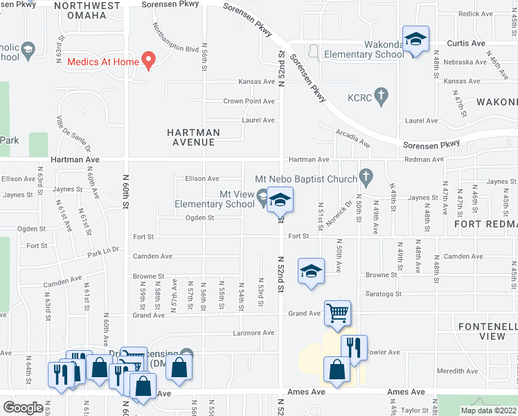 map of restaurants, bars, coffee shops, grocery stores, and more near 5322 North 52nd Street in Omaha