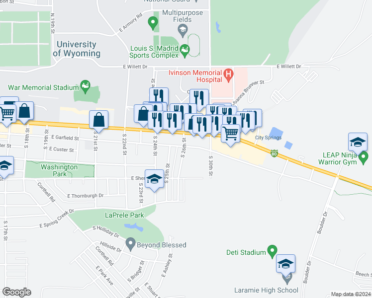 map of restaurants, bars, coffee shops, grocery stores, and more near 2605 East Garfield Street in Laramie