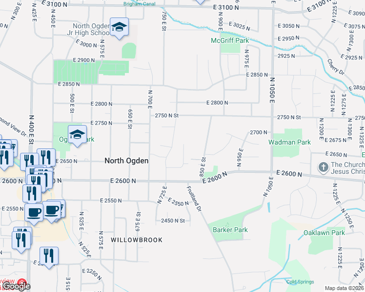 map of restaurants, bars, coffee shops, grocery stores, and more near 2710 750 East Street in North Ogden