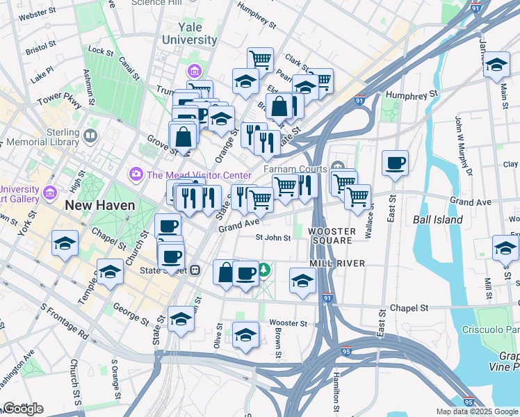 map of restaurants, bars, coffee shops, grocery stores, and more near 83 Lyon Street in New Haven