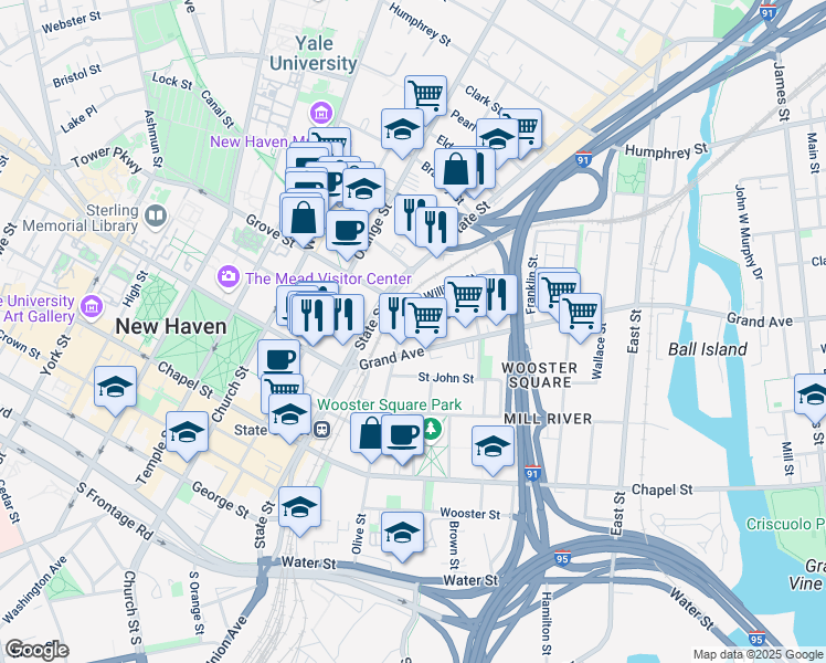 map of restaurants, bars, coffee shops, grocery stores, and more near 83 Lyon Street in New Haven