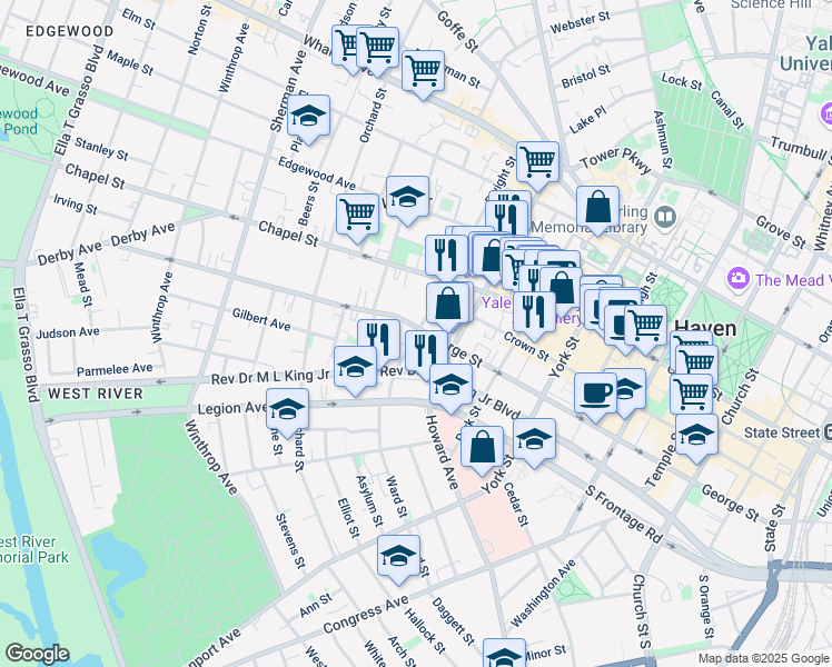 map of restaurants, bars, coffee shops, grocery stores, and more near 101 Dwight Street in New Haven