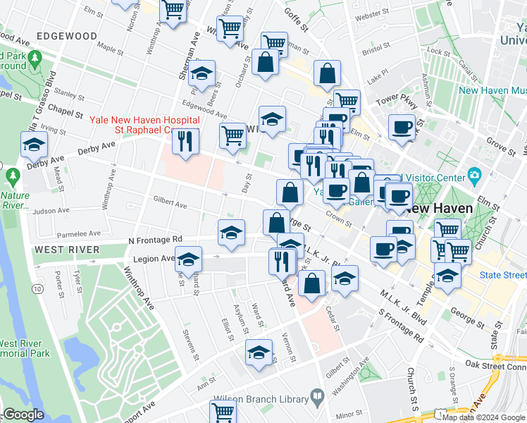 map of restaurants, bars, coffee shops, grocery stores, and more near 518 George Street in New Haven