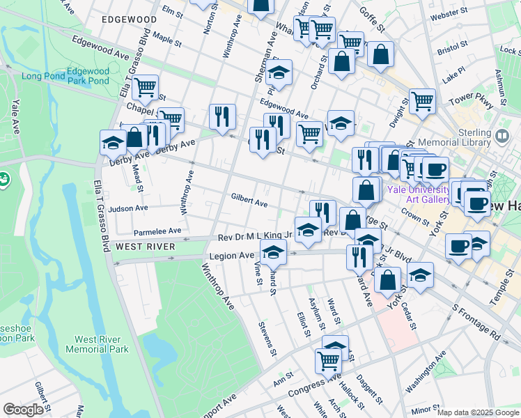 map of restaurants, bars, coffee shops, grocery stores, and more near 65 Gilbert Avenue in New Haven