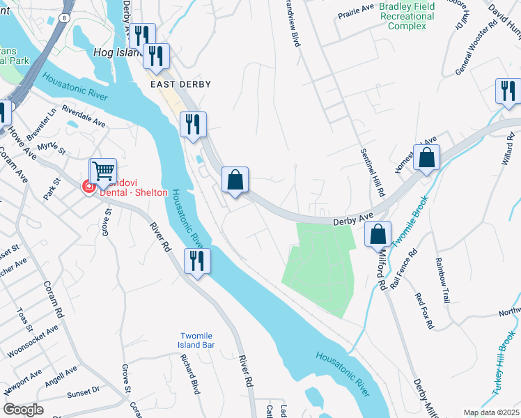 map of restaurants, bars, coffee shops, grocery stores, and more near 114 New Haven Avenue in Derby