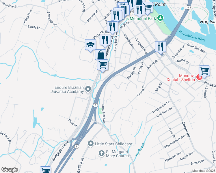 map of restaurants, bars, coffee shops, grocery stores, and more near 4 Wakelee Terrace in Shelton