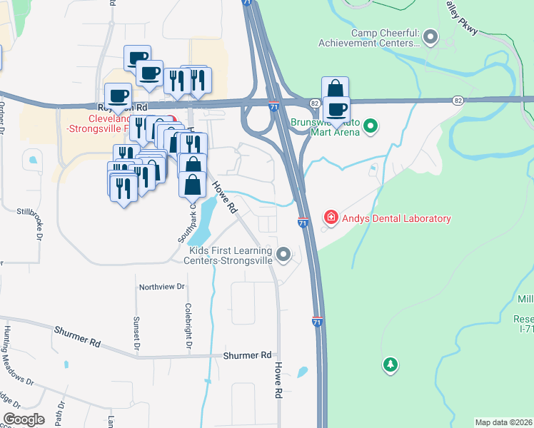 map of restaurants, bars, coffee shops, grocery stores, and more near 100 Lenox Drive in Strongsville
