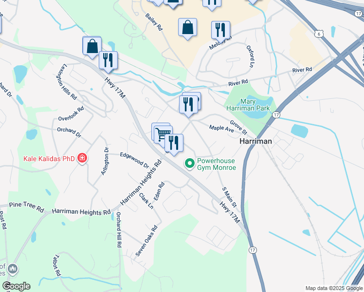 map of restaurants, bars, coffee shops, grocery stores, and more near 11 Church Street in Harriman