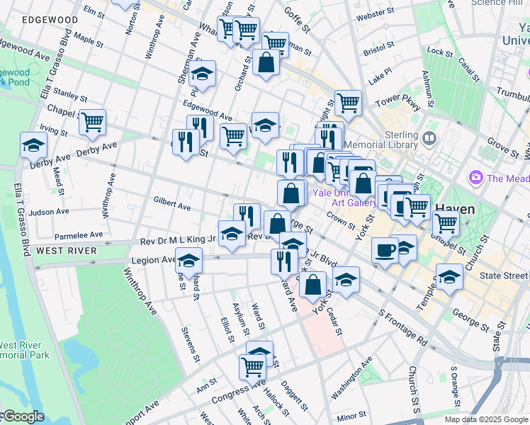 map of restaurants, bars, coffee shops, grocery stores, and more near 74 Dwight Street in New Haven