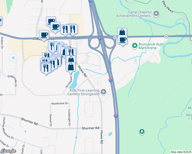 map of restaurants, bars, coffee shops, grocery stores, and more near 14949 Lenox Drive in Strongsville