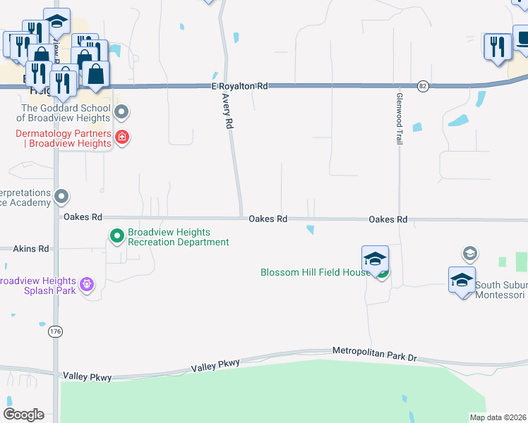 map of restaurants, bars, coffee shops, grocery stores, and more near 1951 Oakes Road in Broadview Heights