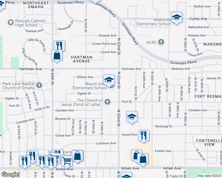 map of restaurants, bars, coffee shops, grocery stores, and more near 5322 North 52nd Street in Omaha