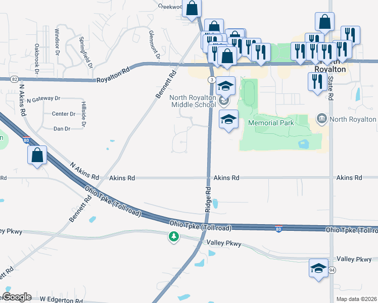 map of restaurants, bars, coffee shops, grocery stores, and more near 14921 Royal Ridge Lane in North Royalton