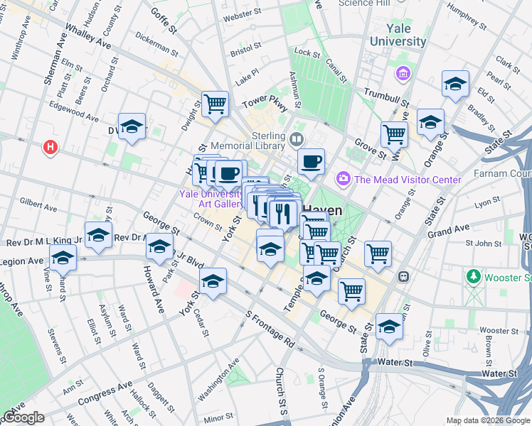 map of restaurants, bars, coffee shops, grocery stores, and more near 1111 Chapel St in New Haven