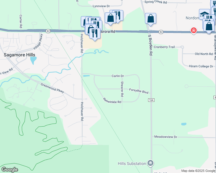 map of restaurants, bars, coffee shops, grocery stores, and more near 607 Forsythe Boulevard in Northfield
