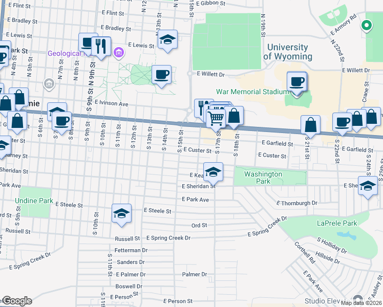 map of restaurants, bars, coffee shops, grocery stores, and more near 1507 East Custer Street in Laramie