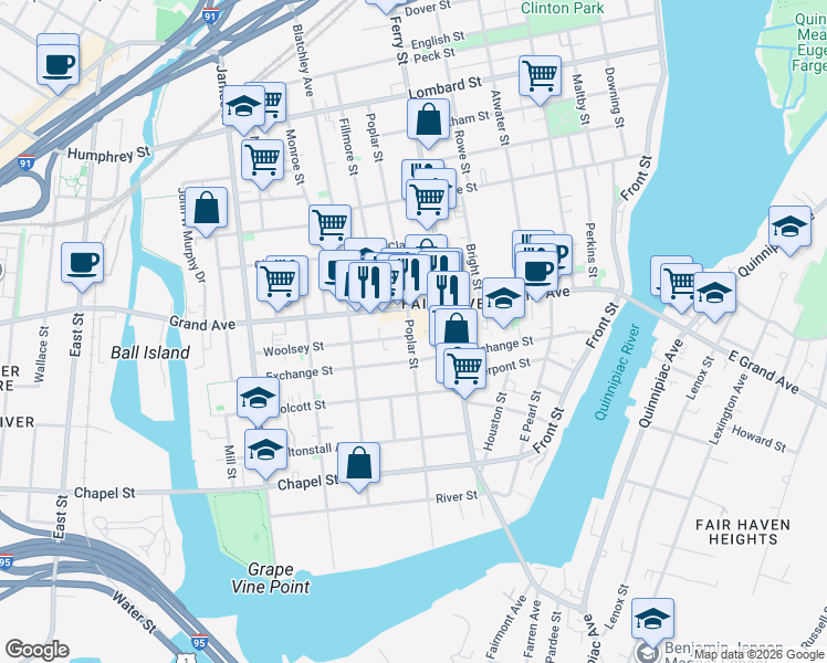 map of restaurants, bars, coffee shops, grocery stores, and more near 244 Poplar Street in New Haven