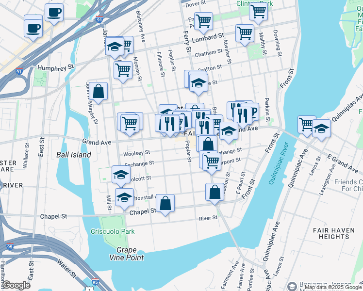 map of restaurants, bars, coffee shops, grocery stores, and more near 244 Poplar Street in New Haven