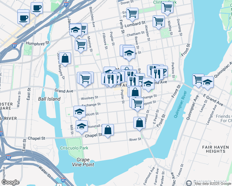 map of restaurants, bars, coffee shops, grocery stores, and more near 286 Grand Avenue in New Haven