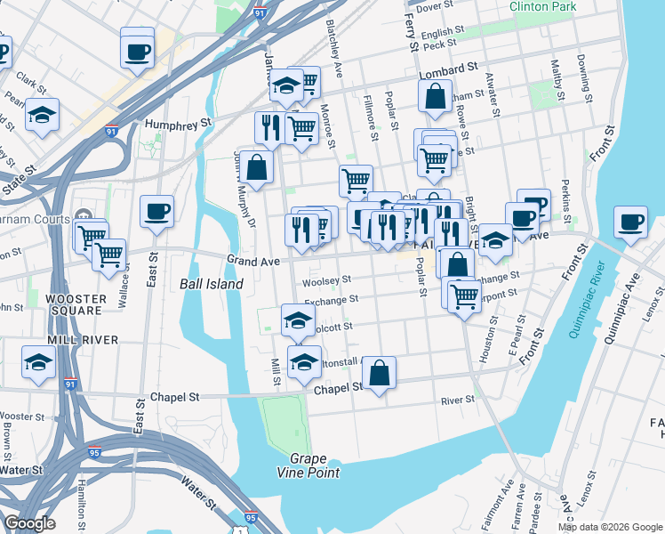 map of restaurants, bars, coffee shops, grocery stores, and more near in New Haven