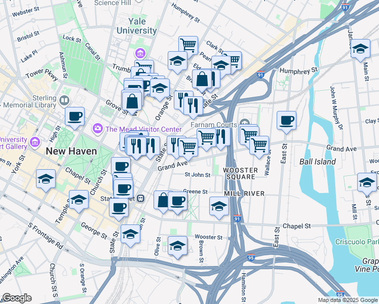 map of restaurants, bars, coffee shops, grocery stores, and more near 83 Lyon Street in New Haven