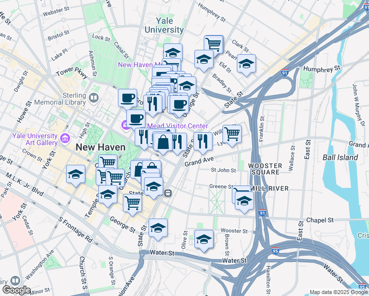 map of restaurants, bars, coffee shops, grocery stores, and more near 22 Wall Street in New Haven