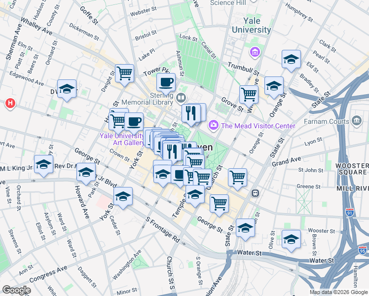map of restaurants, bars, coffee shops, grocery stores, and more near in New Haven
