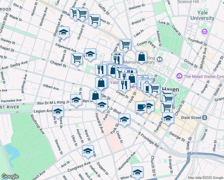 map of restaurants, bars, coffee shops, grocery stores, and more near 416 Crown Street in New Haven