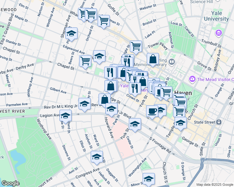 map of restaurants, bars, coffee shops, grocery stores, and more near 416 Crown Street in New Haven