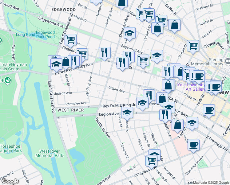 map of restaurants, bars, coffee shops, grocery stores, and more near 106 Gilbert Avenue in New Haven