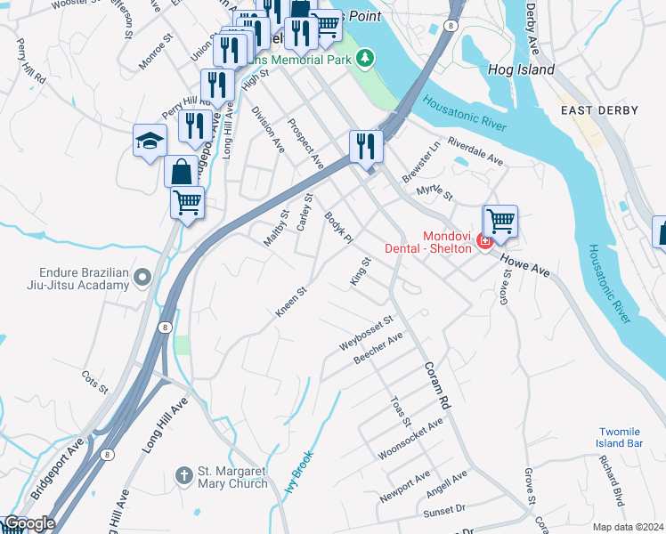 map of restaurants, bars, coffee shops, grocery stores, and more near 228 Myrtle Street in Shelton