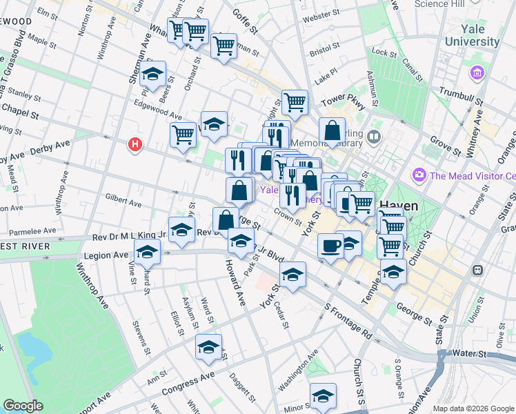map of restaurants, bars, coffee shops, grocery stores, and more near 408 Crown Street in New Haven