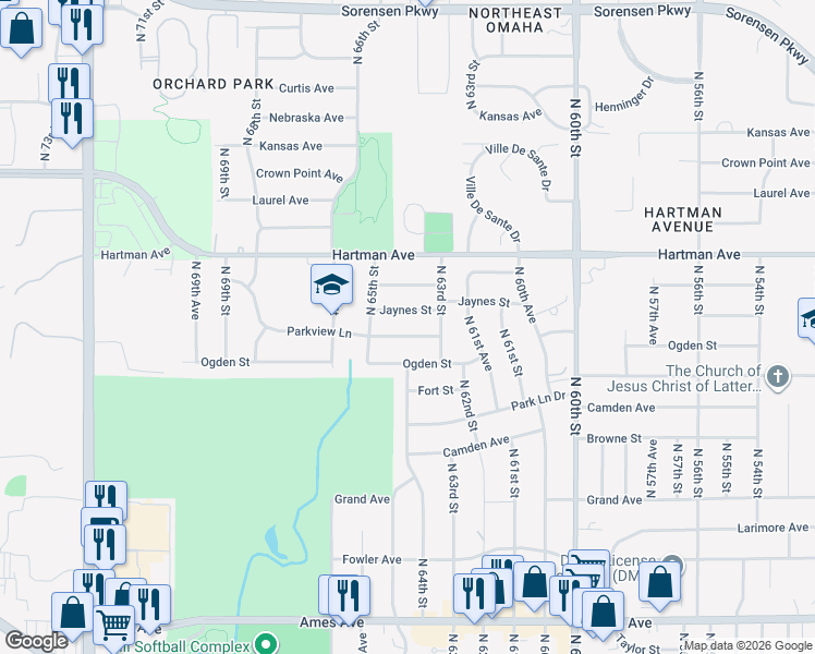 map of restaurants, bars, coffee shops, grocery stores, and more near 6417 Jaynes Street in Omaha