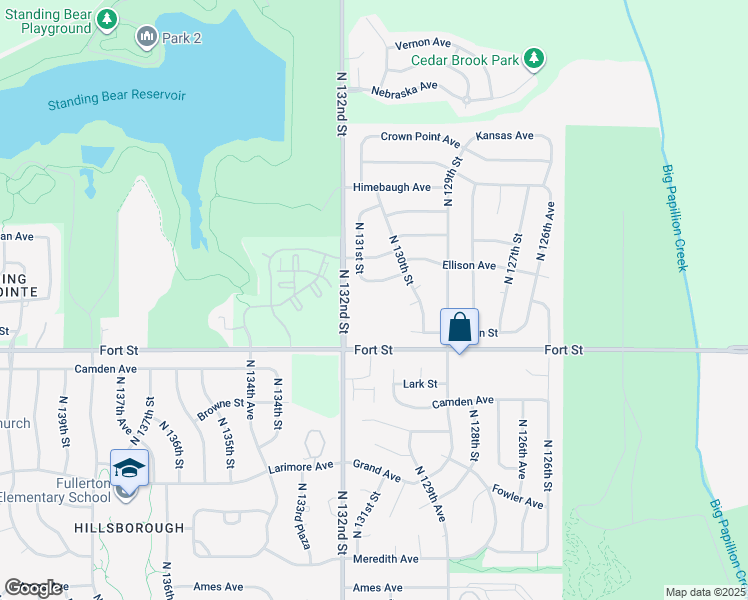 map of restaurants, bars, coffee shops, grocery stores, and more near 13100 Fort Street in Omaha